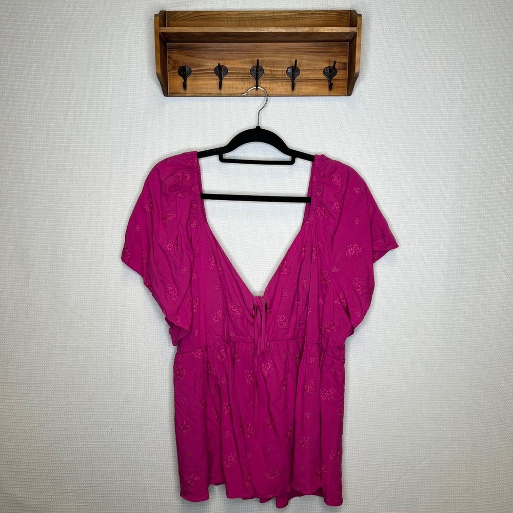 Torrid Hot Pink Embroidered Tie Front Flutter Sleeve Top Plus Size‎ 2